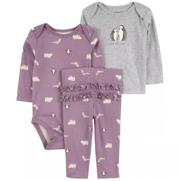 NWT Carter’s Baby Girl 3 Piece Purple Gray Bodysuit  Pant Set  - Size 12M - Picture 1 of 7